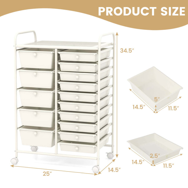 Rebrilliant 15 Drawer Rolling Organizer Cart Utility Storage Tools Scrapbook Paper Multi-use, White
