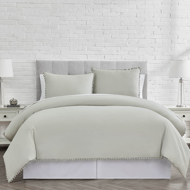 Pom Pom Oversized Microfiber Duvet Cover Set by Southshore Fine Linens, Full/Queen Duvet Cover + 2 Queen Shams, Light Gray