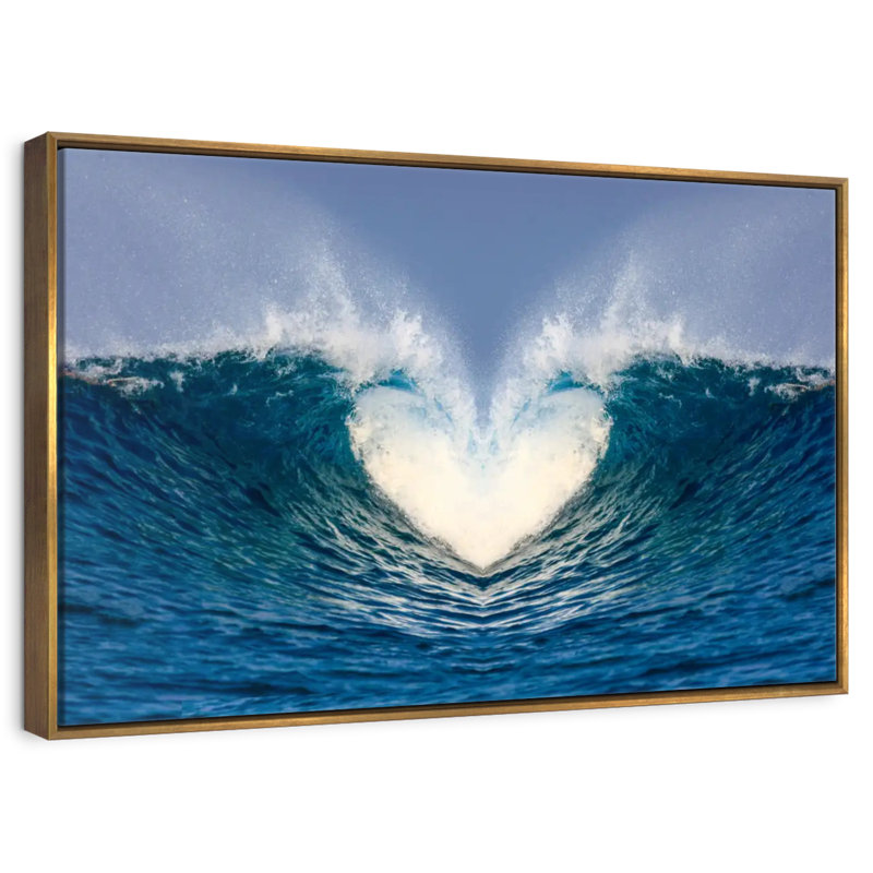 Vague de cœur océanique, 25 po x 17 po, Cadre flottant doré