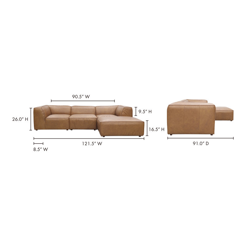 Form Astra 5 - Genuine Leather Modular Sectional with Ottoman, Tan Genuine Leather, 26" H x 112" W x 71.5" D