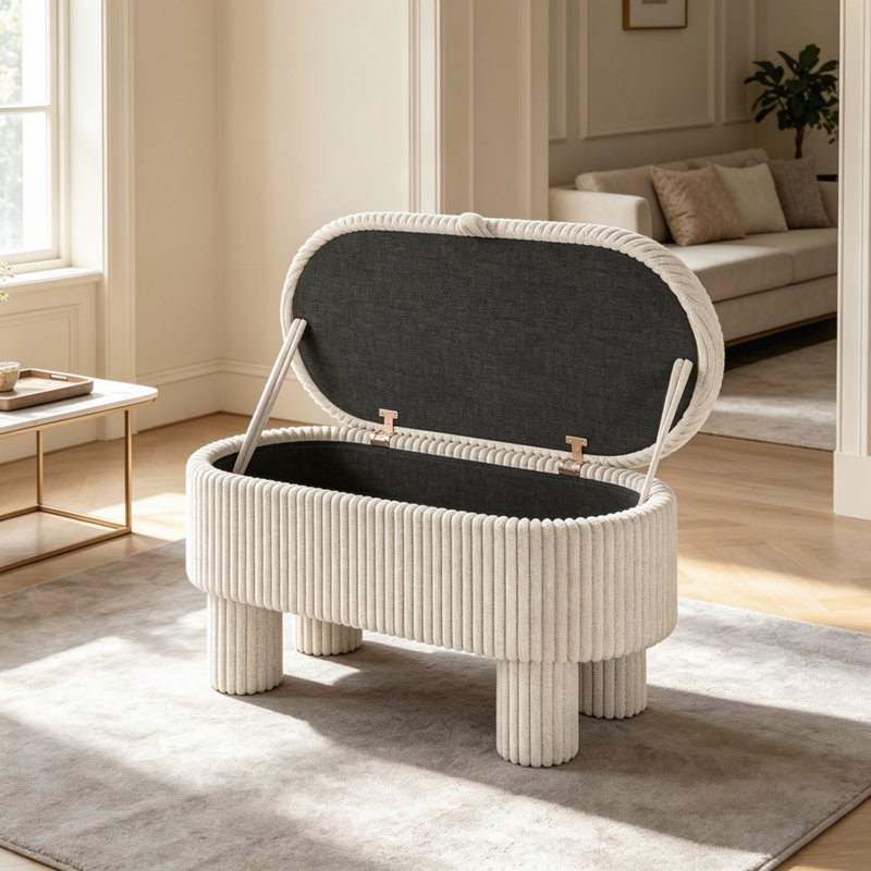Pouf de rangement moderne en velours côtelé, banc rembourré pour chambre, entrée, salon et hall d'entrée, Blanc