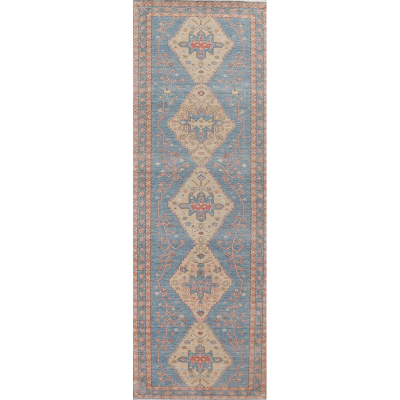 Tapis de couloir unique bleu clair / gris / brun Heriz Serapi noué à la main 2 pi 11 po x 11 pi 8 po
