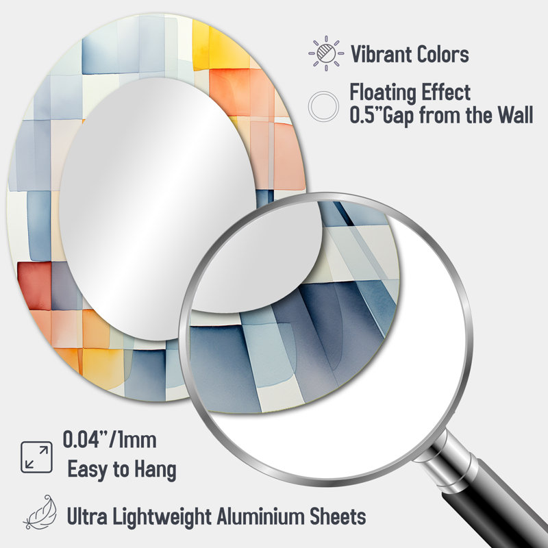 Multicolore cubes motifs V - Grand miroir mural ovale sur métal, H 43 po x l 33 po