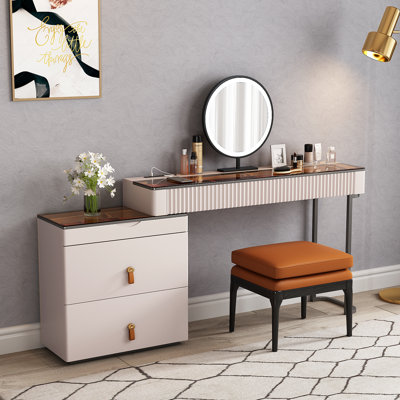 Maurece Solid and Manufactured Wood Glass Top Makeup Vanity with Power Outlet