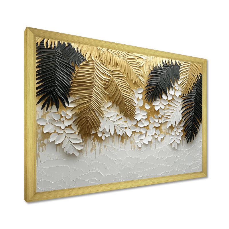 «Cordis Golden Plams Midnight Collage I» - art mural palmiers et palmiers, H 12 po x l 20 po, Doré