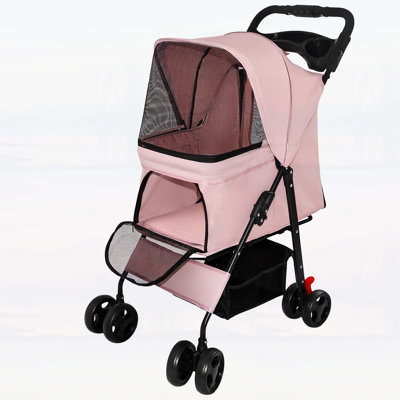 Foldable Pet Stroller for Small Dogs and Cats with Multi-Functional Tray, Safety Leashes, Storage Basket, and Breathable Mesh