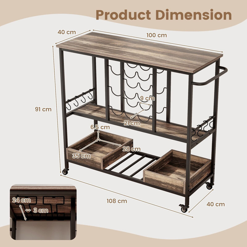 Alys Metal Bar Cart, Oak Wood