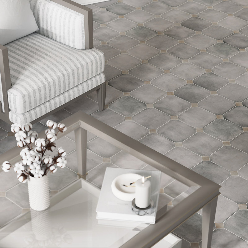 Laverton Octagon W/Taco 7-7/8 In. X 7-7/8 In. Porcelain Floor And Wall Tile, Gray/Ivory