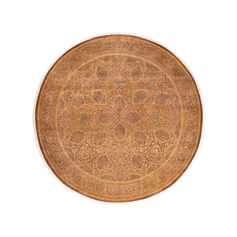 Hand-Knotted Round Yellow Wool Geometric Rug 6' x 9'