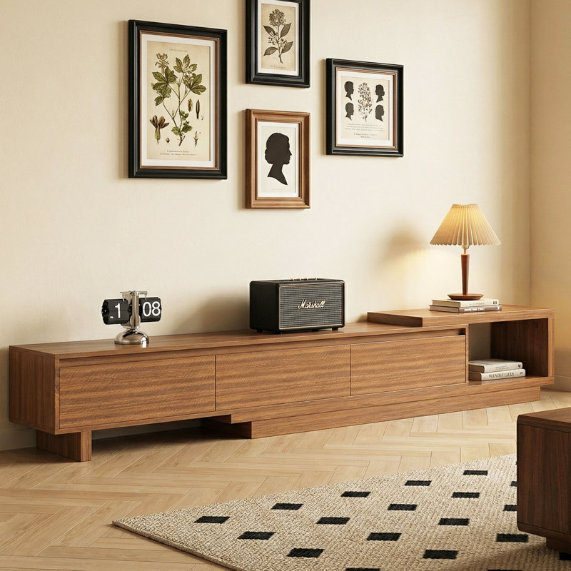 Meuble télé 78,74 pouces pour téléviseur 85 pouces avec console multimédia moderne en noyer et 3 tiroirs, Brun