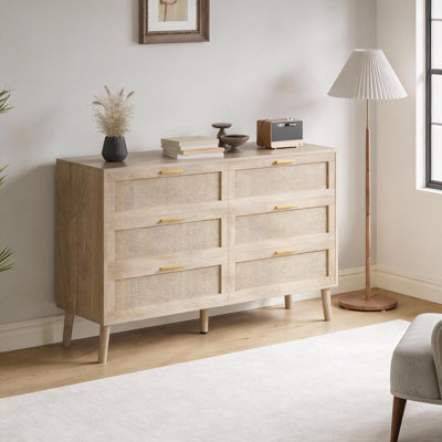 Natural Rattan Dresser for Bedroom, 6 Drawer Dresser with Gold Metal Handles, Farmhouse Chest of Drawer with 5 Strong Legs for Living Room, Hallway, Entryway, Oak