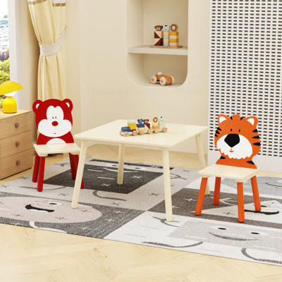 Kids Table and 2 Chairs Set, 3 Pieces Toddler Table and Chair Set, Wooden Activity Play Table Set (Bear&Tiger)
