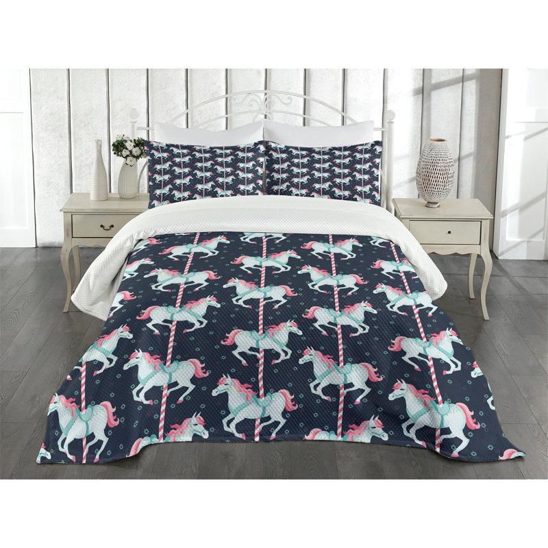 Queen Quilted Carousel Horse Bedspread Set in Pink and Blue