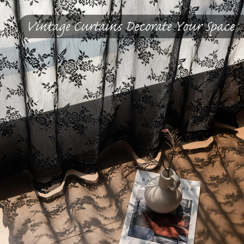 Black Sheer Curtains - 38 Inch width Old Fashion Goth Curtains for Living Room Victorian Black Lace Window Curtains with Rod Pocket 2 panel