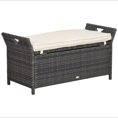 Outsunny 27 Gallon Patio Wicker Storage Bench, Outdoor PE Rattan Patio Furniture, 2-In-1 Large Capacity Rectangle Garden Storage Box With Handles And Cushion