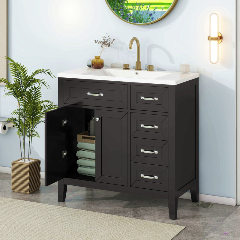 Meuble-lavabo 36 po avec lavabo, armoire de salle de bain avec tiroirs, structure solide et panneau de fibres à densité moyenne