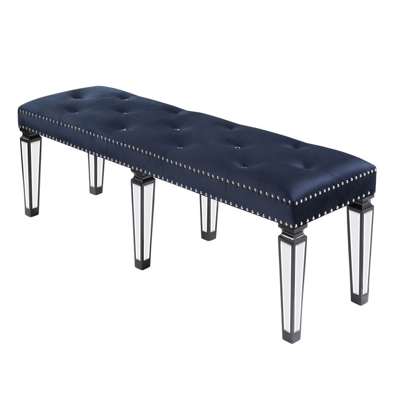 Dark Navy Velvet Bench With Mirrored Leg Inlays For Bedroom Delight And Allure Magnetism
