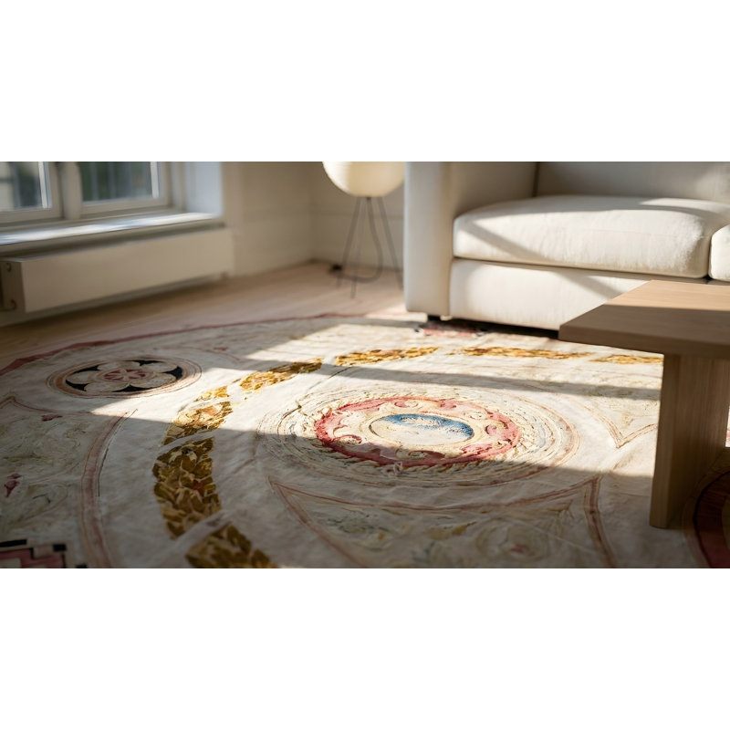 Rectangle Wool Floral Medallion Antique Ivory Beige Cream White 1880s Hand Knotted Pile Rug