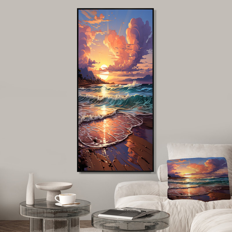 «Beachside Sunset Horizon 2», art mural plage, Cadre flottant noir, H 60 po x l 28 po x P 1,5 po