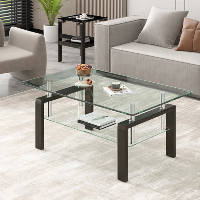 Table basse transparente en verre trempé, table basse avec rangement 2 couches, table centrale transparente