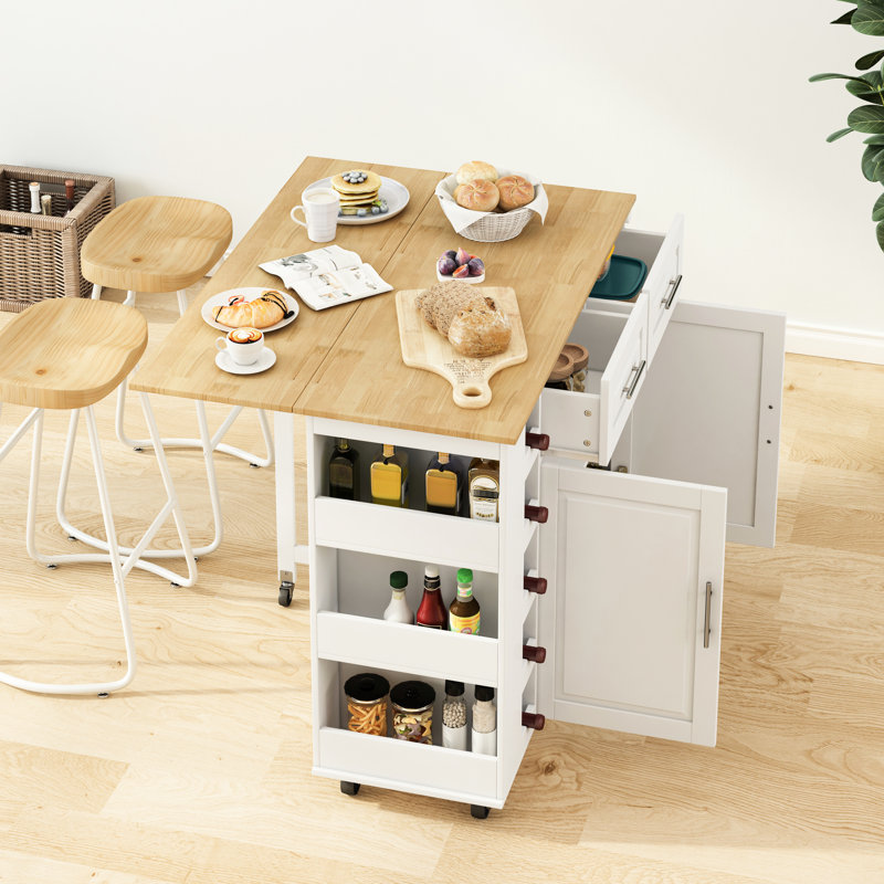 Îlot de cuisine multifonctionnel avec 2 armoires, tiroirs - étagère à épices pratique, porte-serviette, magnifique plateau en bois d'hévéa