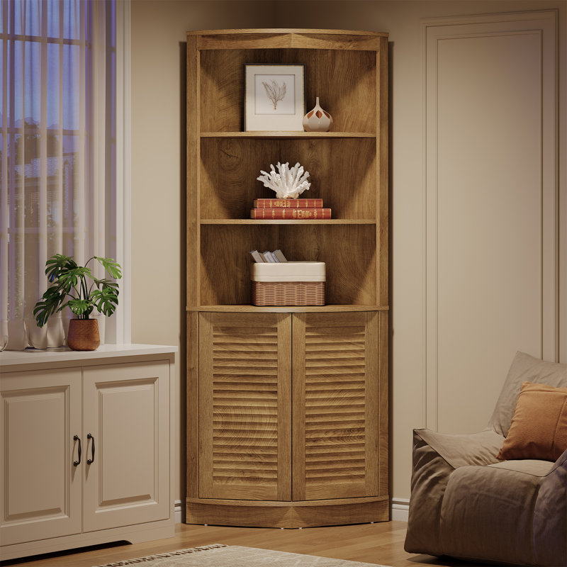 Armoire de coin de 67 po de hauteur, organisateur de bibliothèque d'angle avec portes cannelées et tablettes ouvertes, pour la cuisine, le salon
