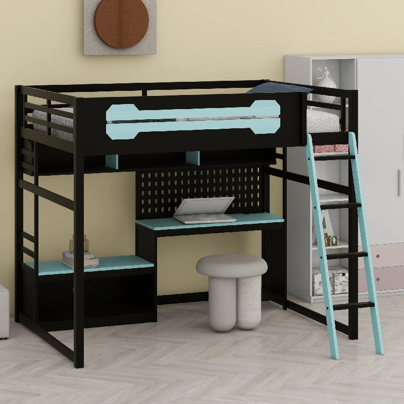 Lit mezzanine en bois avec bureau, Noir / Bleu