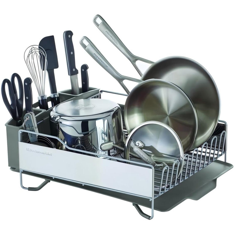 Large Capacity Full Size Rust Resistant Dish Rack With Angled Drain Board And Removable Flatware Caddy, Light Grey