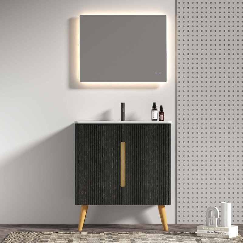 Ensemble de meuble-lavabo mural 30 po avec lavabo, armoire autoportante et murale en chêne brossé 30 po pour salle de bain moderne