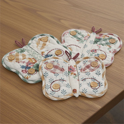 Rosehill Cottage Quilted Butterfly Shaped Cotton Pot Holder Set of 3 - 8x10 Dusty Rose & Natural