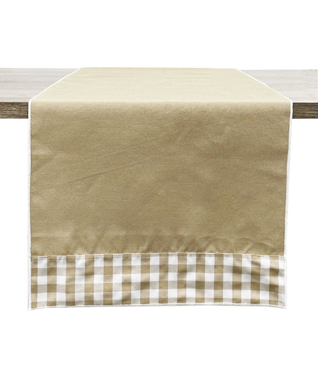 Handmade Reversible Checkered Border Design Table Runner, Beige, 36" x 15"