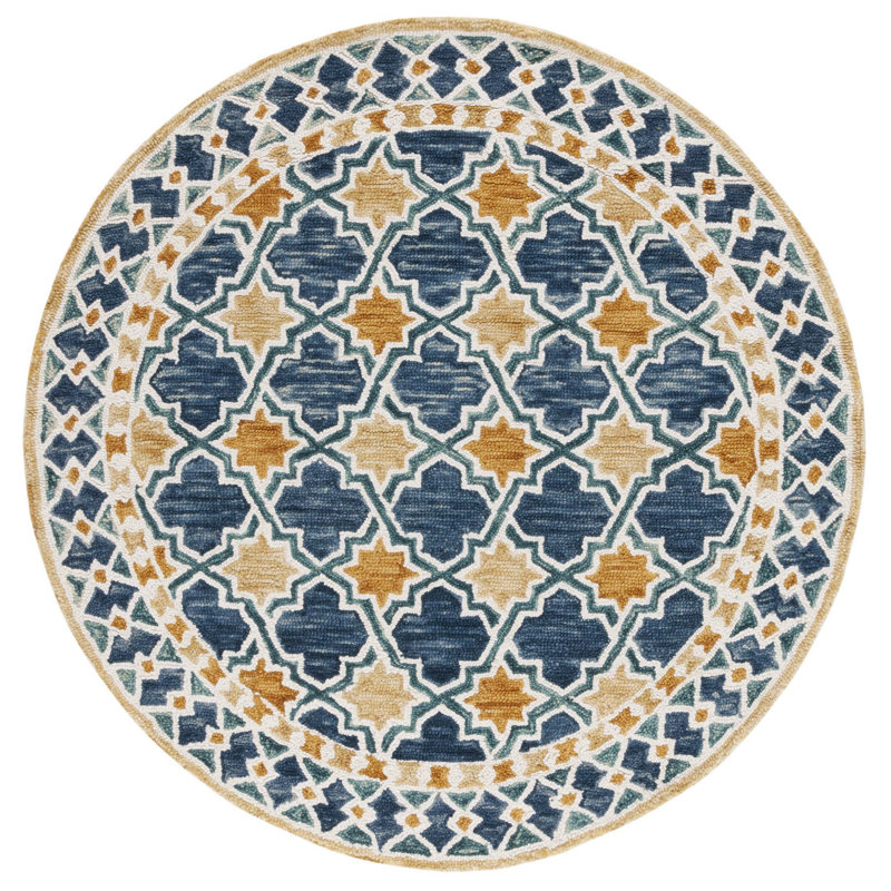 Hand Tufted Wool/Cotton Southwestern Rug in Navy/Yellow, Round 5'