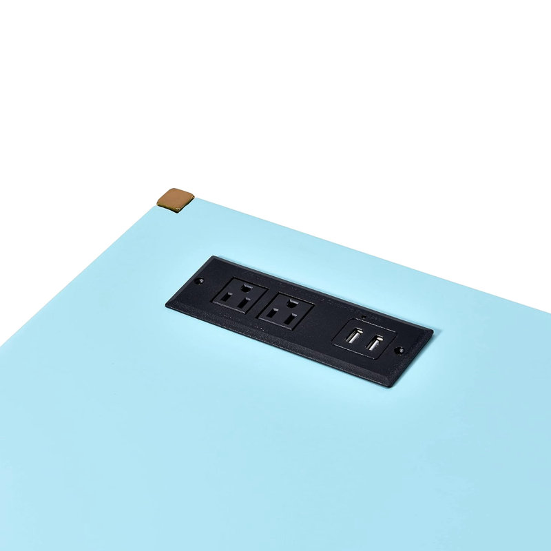 Bureau d'écriture rectangulaire bleu et or avec port intégré, structure fixe, finition ultrabrillante, base ouverte en métal blanc, profondeur de 42 pouces, largeur 20, hauteur 30, hauteur de la surface brillante