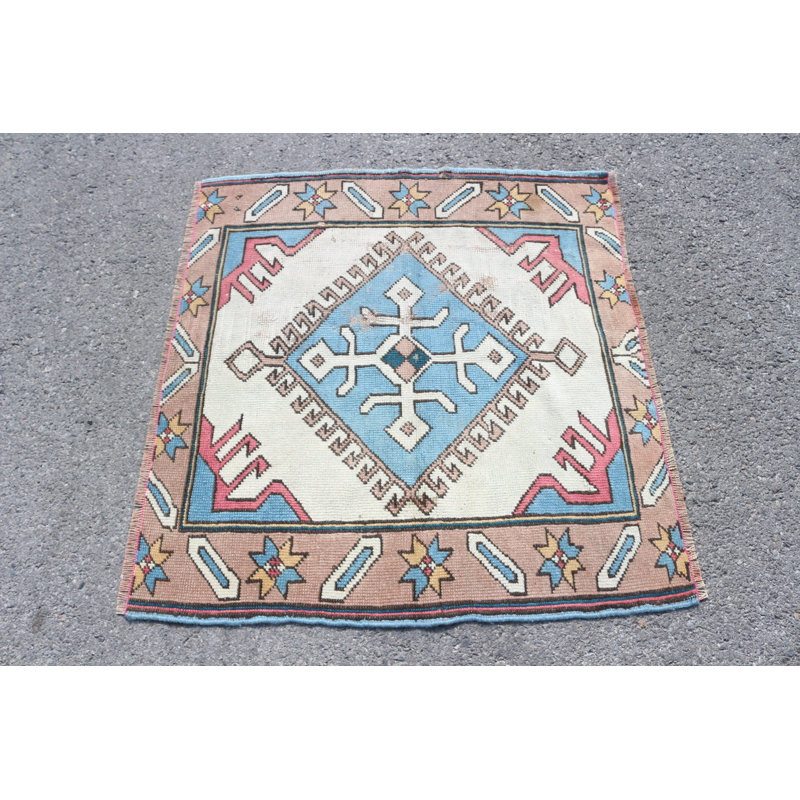 Petit tapis beige rétro Oushak vintage tissé à la main pour la décoration d'une chambre à coucher ou d'une décoration murale