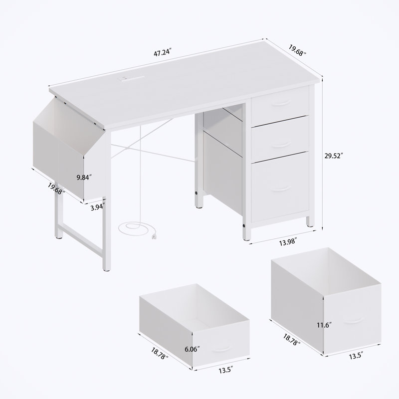 Bureau de 47 po avec prise de courant, 3 tiroirs et poche latérale, facile à assembler, structure stable réversible pour bureau à domicile