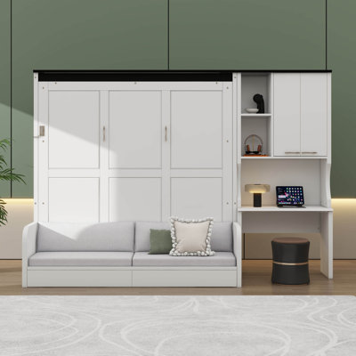 Grand lit escamotable multifonctionnel de grande taille combinant un canapé, un bureau et une armoire de rangement