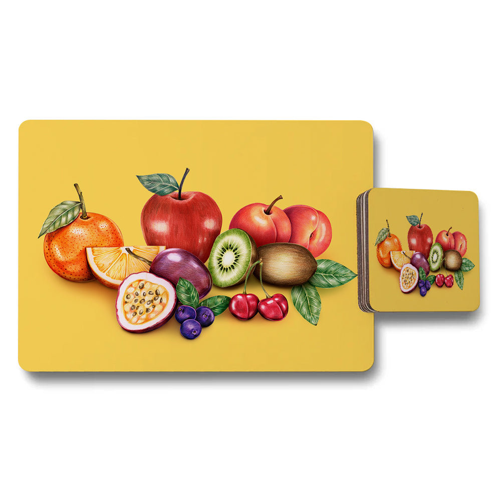 Fruit Placemats and Coaster Set With Colorful Fruit Design