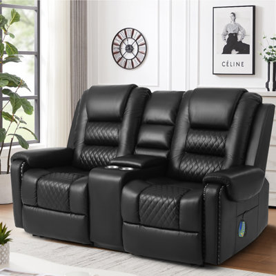 Causeuse inclinable en cuir de polyuréthane de 70,47 po avec fauteuil à massage chauffant avec porte-gobelets et boîte de rangement Red Barrel Studio®