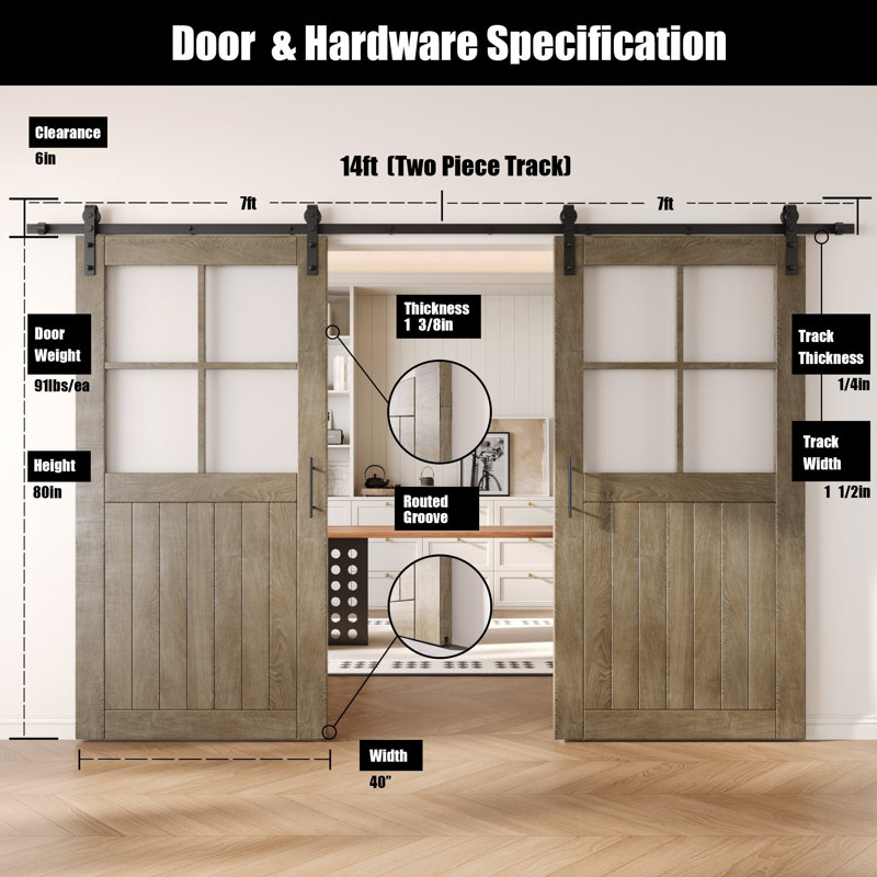 Portes de grange non assemblées et finies en verre givré non assemblé et non encastré de 40 po x 80 po Homacer Classic Grey