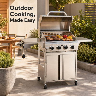 Stainless Steel Four Burner Commercial Bbq Grill -32000btu Intense Fire Configuration, Pulse Ignition+dual Brake Universal Wheels, With Kitchenware Hanging Holes