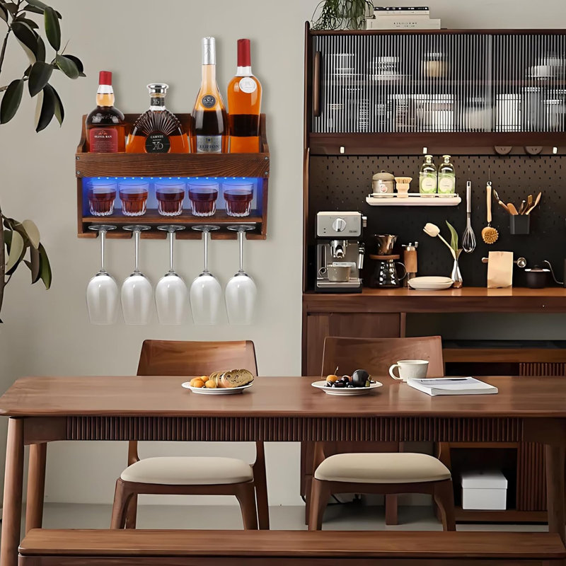 Ensemble de 2 supports à vin en bois fixés au mur avec lumière DEL, support à vin mural et tablette à boissons alcoolisées