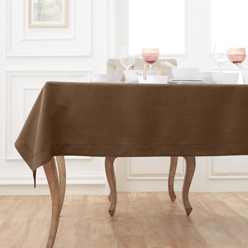 100% Pure Linen Hemstitch Table Cloth - Classic Hemstitch, Brown, 108" x 60"