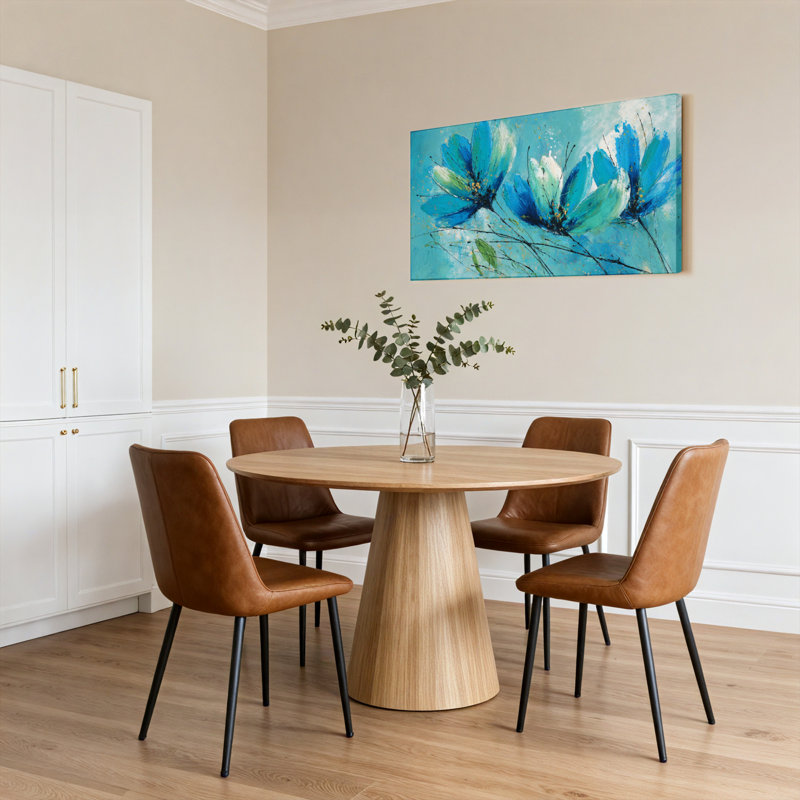 Tableau abstrait de fleurs bleues sur toile tendue, H 24 po x l 48 po