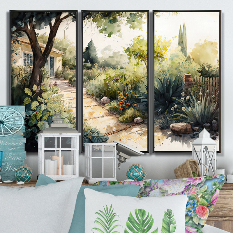 Fresh Garden At The Country II - 3 pièces, reproduction sur cadre flottant sur toile, H 28 po x l 36 po x P 1 po, Noir