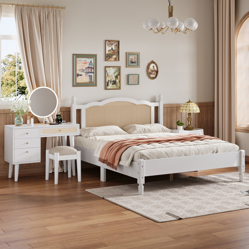 Ensemble de chambre à coucher 3 pièces avec cadre de lit en bois grand, 1 table de chevet rétro et 1 coiffeuse de maquillage avec tabouret, blanc