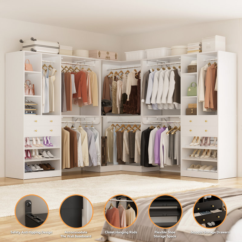 Navada 90.5"-149.5" Closet System with Wooden Drawers and Shoe Racks, White