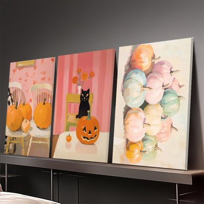 Ensemble de 3 affiches encadrées, impressions sur toile décoratives citrouilles d'Halloween, chat noir et citrouilles pastel, décoration murale pour la maison, tableaux de style ferme moderne pour salon, chambre, décoration de fêtes