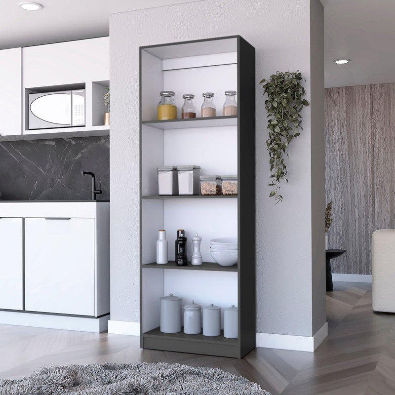 4-Shelf Bookcase In Matt Gray And White - Maximizes Storage, Blends Classic Modern Designs, Decorates Home Space Shelf With 4 Levels Ample Modern, Enhances