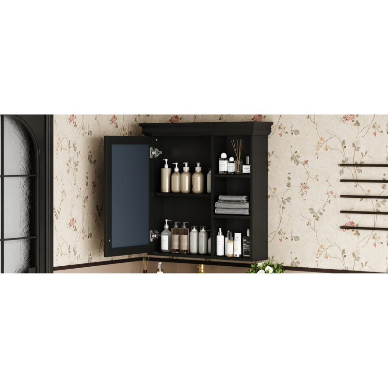 Armoire à miroir murale noire 30 po x 28 po pour salle de bain et mécanisme de fermeture en douceur, idéal pour les petits espaces avec tablettes réglables