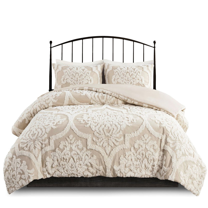 Housse de couette 3 pièces, double / grand, chenille de coton avec capitonnage et fermeture à boutons de style élégance décontractée, taille double / grand, fermeture de taies décoratives assortie